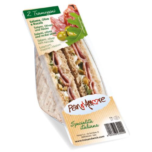 sanduíche de farinha integral com salame, azeitonas e foguete - 6x130g